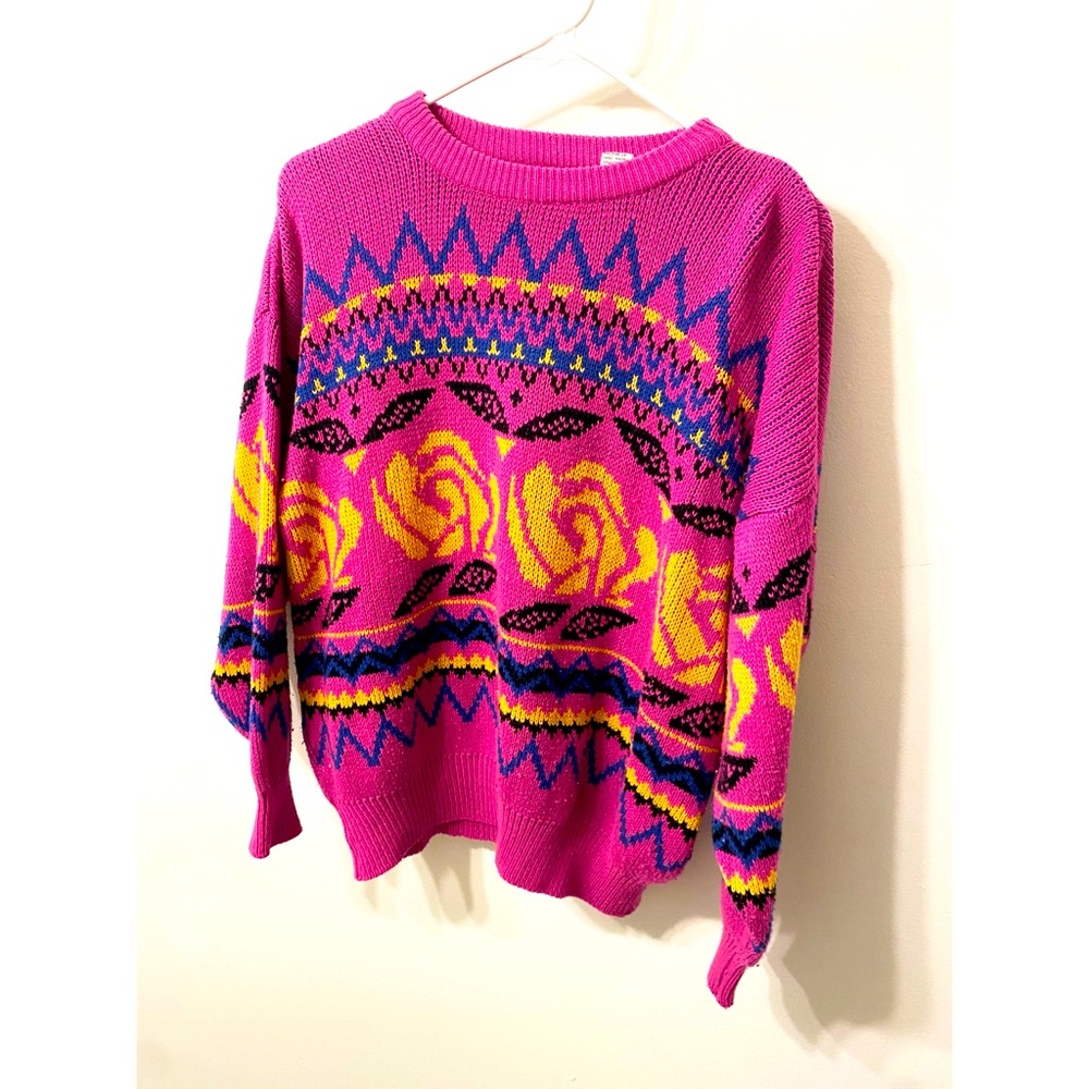 Vintage 80s 90s Pink Rose Sweater